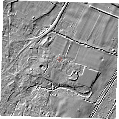 Shaded relief map of the ground around CB246UB, computed from Environment Agency LiDAR. The ground here sits at about 7 m above sea level and falls 5 m across the surrounding 800 m. Surface water reaching this point runs off ground lying to the west, 0.9 m higher.