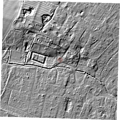 Shaded relief map of the ground around CB249EH, computed from Environment Agency LiDAR. The ground here sits at about 10 m above sea level and falls 8 m across the surrounding 800 m. Surface water reaching this point runs off ground lying to the north, 6.8 m higher.