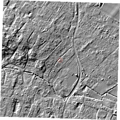 Shaded relief map of the ground around CB249HF, computed from Environment Agency LiDAR. The ground here sits at about 11 m above sea level and falls 7 m across the surrounding 800 m. Surface water reaching this point runs off ground lying to the west, 1.9 m higher.