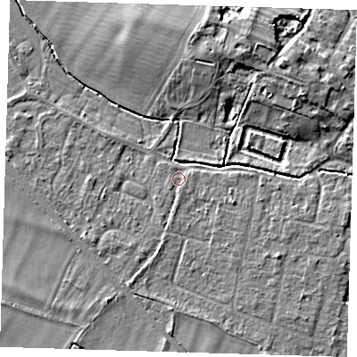 Shaded relief map of the ground around CB249JJ, computed from Environment Agency LiDAR. The ground here sits at about 10 m above sea level and falls 8 m across the surrounding 800 m. Surface water reaching this point runs off ground lying to the south, 1.3 m higher.