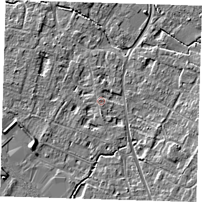 Shaded relief map of the ground around CB249LQ, computed from Environment Agency LiDAR. The ground here sits at about 11 m above sea level and falls 6 m across the surrounding 800 m. Surface water reaching this point runs off ground lying to the south, 1.7 m higher.