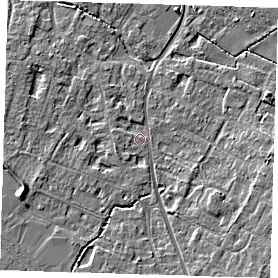 Shaded relief map of the ground around CB249LR, computed from Environment Agency LiDAR. The ground here sits at about 11 m above sea level and falls 6 m across the surrounding 800 m. Surface water reaching this point runs off ground lying to the west-south-west, 5.2 m higher.