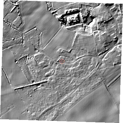 Shaded relief map of the ground around CB250AH, computed from Environment Agency LiDAR. The ground here sits at about 9 m above sea level and falls 13 m across the surrounding 800 m. Surface water reaching this point runs off ground lying to the south-south-east, 3.5 m higher.