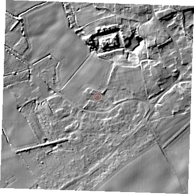 Shaded relief map of the ground around CB250AL, computed from Environment Agency LiDAR. The ground here sits at about 9 m above sea level and falls 14 m across the surrounding 800 m. Surface water reaching this point runs off ground lying to the east, 8.1 m higher.
