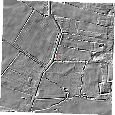 Shaded relief map of the ground around CB250BP, computed from Environment Agency LiDAR. The ground here sits at about 3 m above sea level and falls 7 m across the surrounding 800 m. Surface water reaching this point runs off ground lying to the east-south-east, 5.5 m higher.