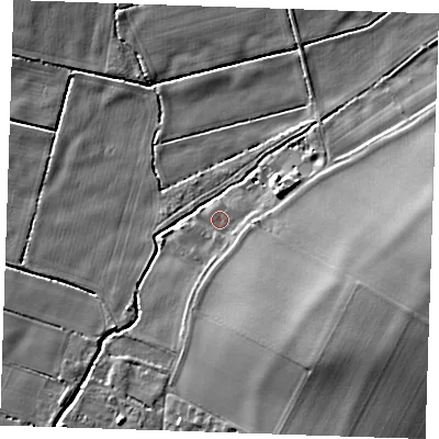 Shaded relief map of the ground around CB250BT, computed from Environment Agency LiDAR. The ground here sits at about 4 m above sea level and falls 16 m across the surrounding 800 m. Surface water reaching this point runs off ground lying to the south-east, 11.2 m higher.