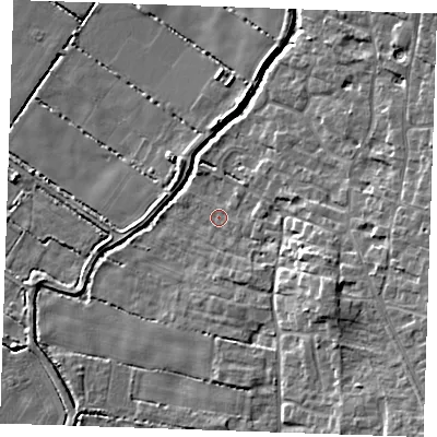Shaded relief map of the ground around CB250DT, computed from Environment Agency LiDAR. The ground here sits at about 4 m above sea level and falls 12 m across the surrounding 800 m. Surface water reaching this point runs off ground lying to the east-south-east, 2.5 m higher.