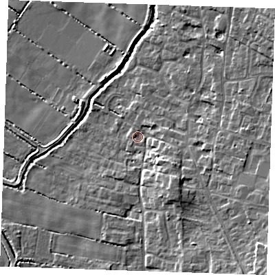 Shaded relief map of the ground around CB250EH, computed from Environment Agency LiDAR. The ground here sits at about 4 m above sea level and falls 14 m across the surrounding 800 m. Surface water reaching this point runs off ground lying to the south-east, 6.4 m higher.