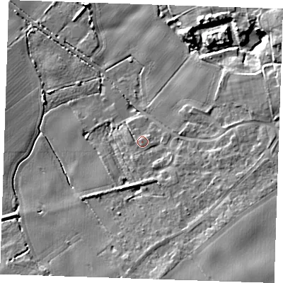 Shaded relief map of the ground around CB250FN, computed from Environment Agency LiDAR. The ground here sits at about 9 m above sea level and falls 12 m across the surrounding 800 m. Surface water reaching this point runs off ground lying to the east-south-east, 1.3 m higher.