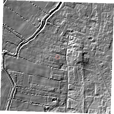 Shaded relief map of the ground around CB250FT, computed from Environment Agency LiDAR. The ground here sits at about 5 m above sea level and falls 16 m across the surrounding 800 m. Surface water reaching this point runs off ground lying to the east, 6.1 m higher.