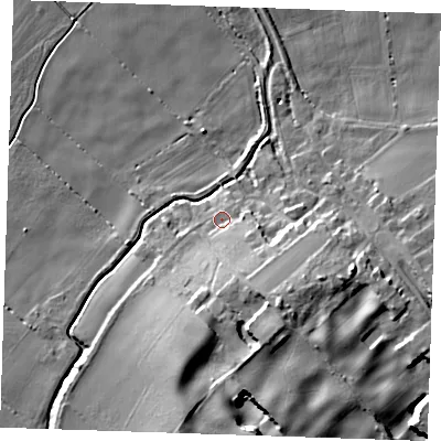 Shaded relief map of the ground around CB250JF, computed from Environment Agency LiDAR. The ground here sits at about 6 m above sea level and falls 19 m across the surrounding 800 m. Surface water reaching this point runs off ground lying to the south-east, 13.4 m higher.