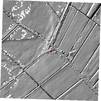 Shaded relief map of the ground around CB250LQ, computed from Environment Agency LiDAR. The ground here sits at about 2 m above sea level and falls 5 m across the surrounding 800 m. Surface water reaching this point runs off ground lying to the north-north-west, 1.4 m higher.