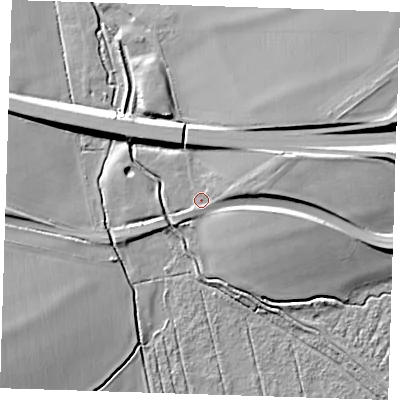 Shaded relief map of the ground around CB259AG, computed from Environment Agency LiDAR. The ground here sits at about 9 m above sea level and falls 15 m across the surrounding 800 m. Surface water reaching this point runs off ground lying to the east-north-east, 6.9 m higher.