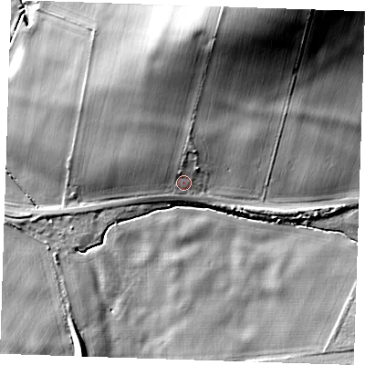 Shaded relief map of the ground around CB259BD, computed from Environment Agency LiDAR. The ground here sits at about 15 m above sea level and falls 22 m across the surrounding 800 m. Surface water reaching this point runs off ground lying to the north-north-east, 13.7 m higher.