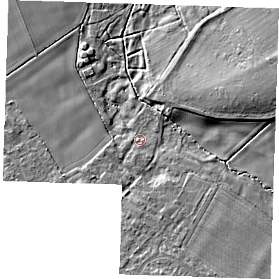 Shaded relief map of the ground around CB259EF, computed from Environment Agency LiDAR. The ground here sits at about 9 m above sea level and falls 8 m across the surrounding 800 m. Surface water reaching this point runs off ground lying to the south, 5.4 m higher.
