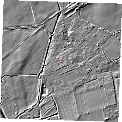 Shaded relief map of the ground around CB259EN, computed from Environment Agency LiDAR. The ground here sits at about 6 m above sea level and falls 7 m across the surrounding 800 m. Surface water reaching this point runs off ground lying to the east-south-east, 1.1 m higher.