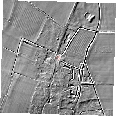 Shaded relief map of the ground around CB259FD, computed from Environment Agency LiDAR. The ground here sits at about 4 m above sea level and falls 6 m across the surrounding 800 m. Surface water reaching this point runs off ground lying to the south-south-west, 5.4 m higher.