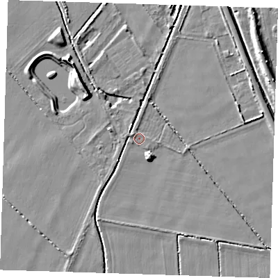Shaded relief map of the ground around CB259FH, computed from Environment Agency LiDAR. The ground here sits at about 4 m above sea level and falls 6 m across the surrounding 800 m. Surface water reaching this point runs off ground lying to the north-west, 1.6 m higher.