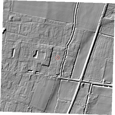 Shaded relief map of the ground around CB259GJ, computed from Environment Agency LiDAR. The ground here sits at about 4 m above sea level and falls 9 m across the surrounding 800 m. Surface water reaching this point runs off ground lying to the north-west, 2.1 m higher.