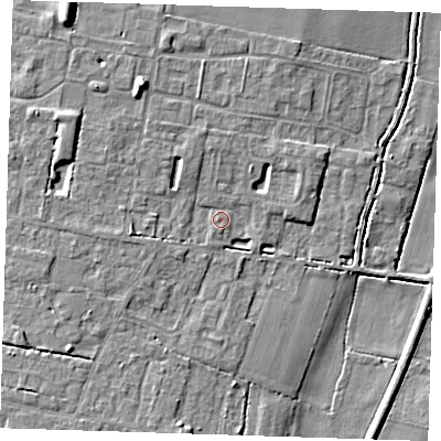 Shaded relief map of the ground around CB259GW, computed from Environment Agency LiDAR. The ground here sits at about 4 m above sea level and falls 10 m across the surrounding 800 m. Surface water reaching this point runs off ground lying to the north-north-west, 6.1 m higher.