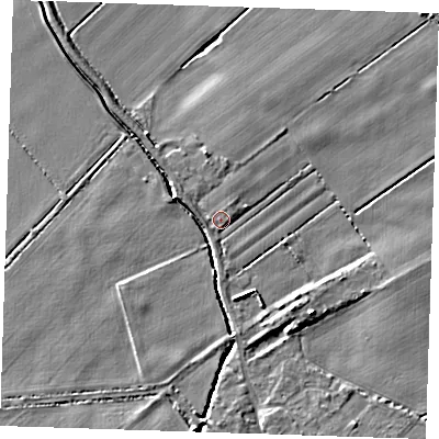 Shaded relief map of the ground around CB259HD, computed from Environment Agency LiDAR. The ground here sits at about 4 m above sea level and falls 6 m across the surrounding 800 m. The ground contributing surface water to this point lies to the west.