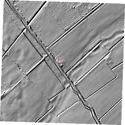 Shaded relief map of the ground around CB259HE, computed from Environment Agency LiDAR. The ground here sits at about 3 m above sea level and falls 5 m across the surrounding 800 m. Surface water reaching this point runs off ground lying to the west-north-west, 2.2 m higher.