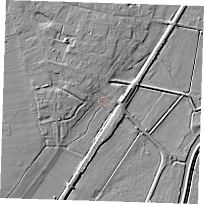 Shaded relief map of the ground around CB259HS, computed from Environment Agency LiDAR. The ground here sits at about 3 m above sea level and falls 8 m across the surrounding 800 m. Surface water reaching this point runs off ground lying to the west-north-west, 5.7 m higher.