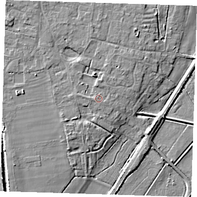 Shaded relief map of the ground around CB259HT, computed from Environment Agency LiDAR. The ground here sits at about 7 m above sea level and falls 7 m across the surrounding 800 m. Surface water reaching this point runs off ground lying to the west, 0.7 m higher.