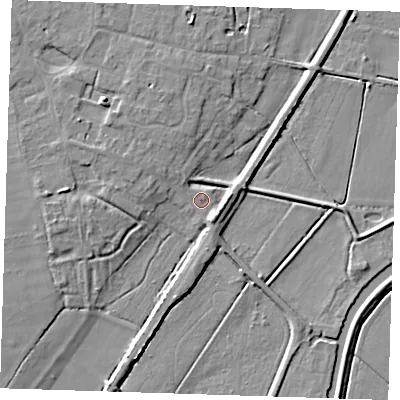 Shaded relief map of the ground around CB259HX, computed from Environment Agency LiDAR. The ground here sits at about 4 m above sea level and falls 8 m across the surrounding 800 m. Surface water reaching this point runs off ground lying to the west-north-west, 2.7 m higher.