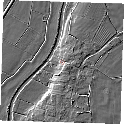 Shaded relief map of the ground around CB259JH, computed from Environment Agency LiDAR. The ground here sits at about 6 m above sea level and falls 8 m across the surrounding 800 m. Surface water reaching this point runs off ground lying to the south-east, 4.8 m higher.
