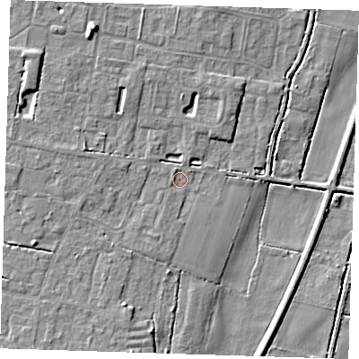 Shaded relief map of the ground around CB259JT, computed from Environment Agency LiDAR. The ground here sits at about 3 m above sea level and falls 9 m across the surrounding 800 m. Surface water reaching this point runs off ground lying to the west-south-west, 3.2 m higher.