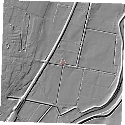 Shaded relief map of the ground around CB259LL, computed from Environment Agency LiDAR. The ground here sits at about 2 m above sea level and falls 7 m across the surrounding 800 m. Surface water reaching this point runs off ground lying to the east-north-east, 2.2 m higher.