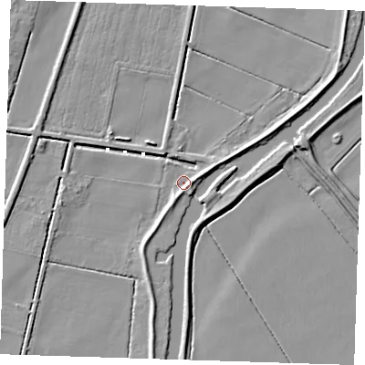 Shaded relief map of the ground around CB259LN, computed from Environment Agency LiDAR. The ground here sits at about 2 m above sea level and falls 5 m across the surrounding 800 m. Surface water reaching this point runs off ground lying to the south-south-west, 4.4 m higher.