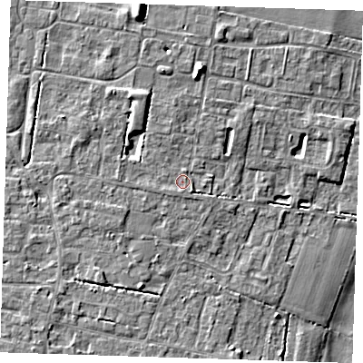 Shaded relief map of the ground around CB259LQ, computed from Environment Agency LiDAR. The ground here sits at about 6 m above sea level and falls 9 m across the surrounding 800 m. Surface water reaching this point runs off ground lying to the north-north-west, 3.3 m higher.
