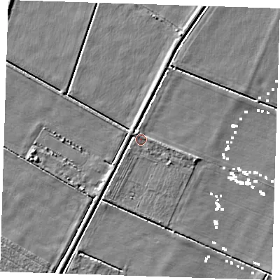 Shaded relief map of the ground around CB259LR, computed from Environment Agency LiDAR. The ground here sits at about 1 m above sea level and falls 4 m across the surrounding 800 m. Surface water reaching this point runs off ground lying to the east, 1.3 m higher.