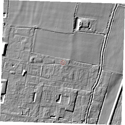 Shaded relief map of the ground around CB259LY, computed from Environment Agency LiDAR. The ground here sits at about 5 m above sea level and falls 10 m across the surrounding 800 m. Surface water reaching this point runs off ground lying to the west, 1.6 m higher.