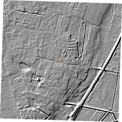 Shaded relief map of the ground around CB259ND, computed from Environment Agency LiDAR. The ground here sits at about 6 m above sea level and falls 8 m across the surrounding 800 m. Surface water reaching this point runs off ground lying to the south-west, 3.4 m higher.