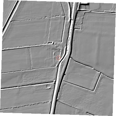 Shaded relief map of the ground around CB259PL, computed from Environment Agency LiDAR. The ground here sits at about 2 m above sea level and falls 6 m across the surrounding 800 m. Surface water reaching this point runs off ground lying to the south-south-east, 2.1 m higher.