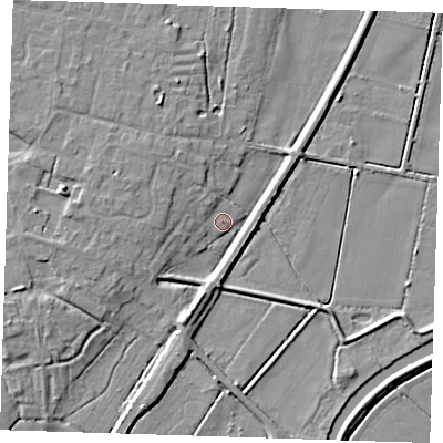 Shaded relief map of the ground around CB259PP, computed from Environment Agency LiDAR. The ground here sits at about 3 m above sea level and falls 8 m across the surrounding 800 m. Surface water reaching this point runs off ground lying to the west, 5.6 m higher.