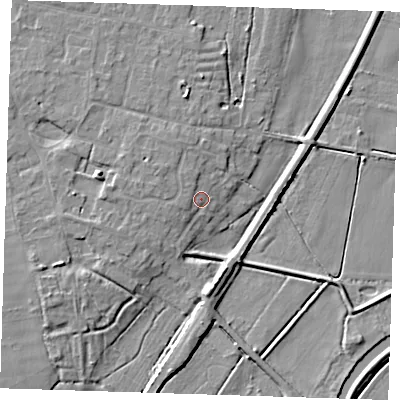 Shaded relief map of the ground around CB259PX, computed from Environment Agency LiDAR. The ground here sits at about 5 m above sea level and falls 8 m across the surrounding 800 m. Surface water reaching this point runs off ground lying to the west-north-west, 1.5 m higher.