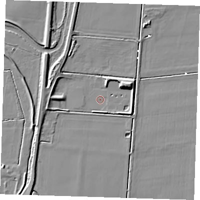 Shaded relief map of the ground around CB259PZ, computed from Environment Agency LiDAR. The ground here sits at about 1 m above sea level and falls 9 m across the surrounding 800 m. Surface water reaching this point runs off ground lying to the east-north-east, 8.5 m higher.