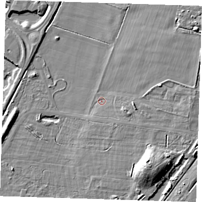 Shaded relief map of the ground around CB259QN, computed from Environment Agency LiDAR. The ground here sits at about 4 m above sea level and falls 10 m across the surrounding 800 m. Surface water reaching this point runs off ground lying to the east-south-east, 2.0 m higher.