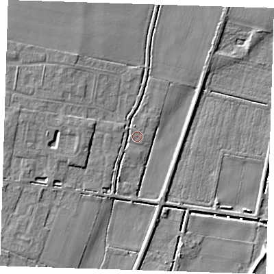 Shaded relief map of the ground around CB259QQ, computed from Environment Agency LiDAR. The ground here sits at about 3 m above sea level and falls 6 m across the surrounding 800 m. Surface water reaching this point runs off ground lying to the west, 2.5 m higher.