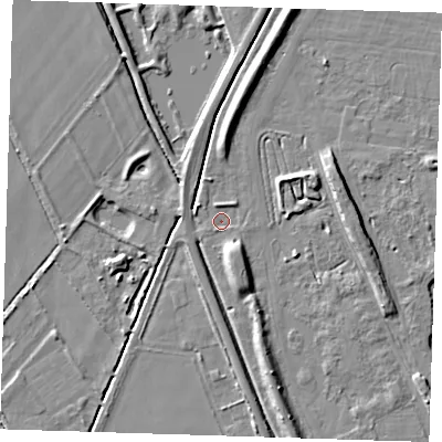 Shaded relief map of the ground around CB259QZ, computed from Environment Agency LiDAR. The ground here sits at about 4 m above sea level and falls 7 m across the surrounding 800 m. Surface water reaching this point runs off ground lying to the south-south-east, 3.8 m higher.
