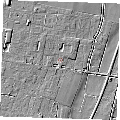 Shaded relief map of the ground around CB259RD, computed from Environment Agency LiDAR. The ground here sits at about 4 m above sea level and falls 10 m across the surrounding 800 m. Surface water reaching this point runs off ground lying to the north-west, 6.1 m higher.