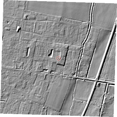 Shaded relief map of the ground around CB259RF, computed from Environment Agency LiDAR. The ground here sits at about 5 m above sea level and falls 9 m across the surrounding 800 m. Surface water reaching this point runs off ground lying to the north, 1.2 m higher.