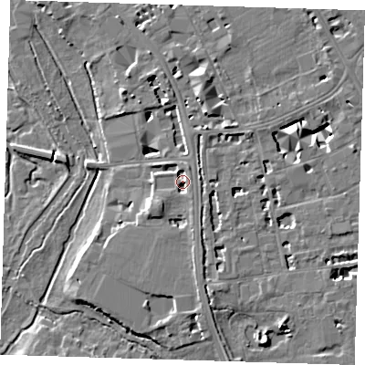 Shaded relief map of the ground around CB27AD, computed from Environment Agency LiDAR. The ground here sits at about 11 m above sea level and falls 8 m across the surrounding 800 m. Surface water reaching this point runs off ground lying to the south-west, 2.8 m higher.