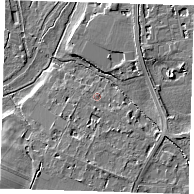 Shaded relief map of the ground around CB27EB, computed from Environment Agency LiDAR. The ground here sits at about 9 m above sea level and falls 8 m across the surrounding 800 m. Surface water reaching this point runs off ground lying to the south-south-west, 1.3 m higher.