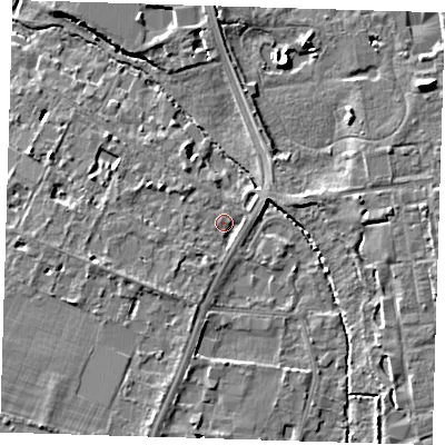 Shaded relief map of the ground around CB27TS, computed from Environment Agency LiDAR. The ground here sits at about 10 m above sea level and falls 9 m across the surrounding 800 m. Surface water reaching this point runs off ground lying to the south-south-west, 3.4 m higher.
