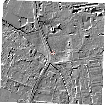 Shaded relief map of the ground around CB28AB, computed from Environment Agency LiDAR. The ground here sits at about 10 m above sea level and falls 9 m across the surrounding 800 m. Surface water reaching this point runs off ground lying to the south-west, 2.0 m higher.